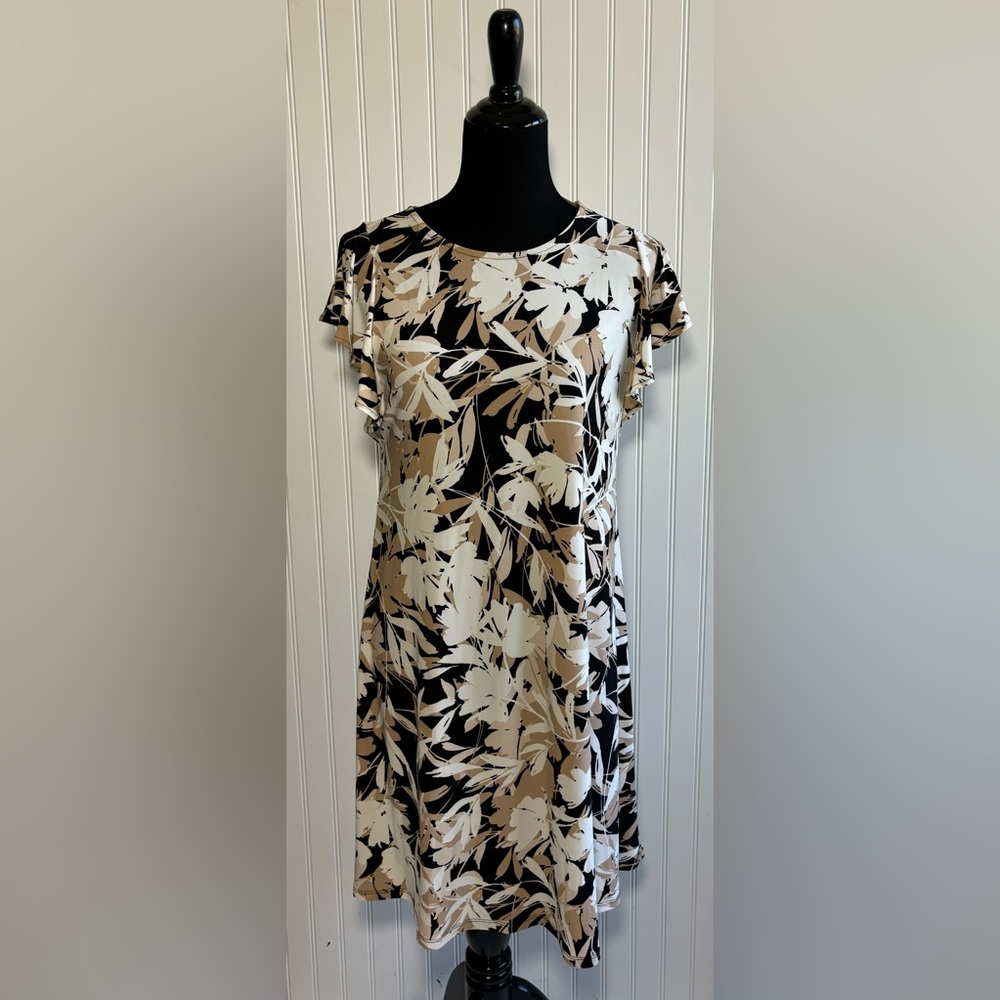 Ann Klein Dress Floral Flutter Sleeve Size 4 Khaki Black Fit & Flare Cottagecore